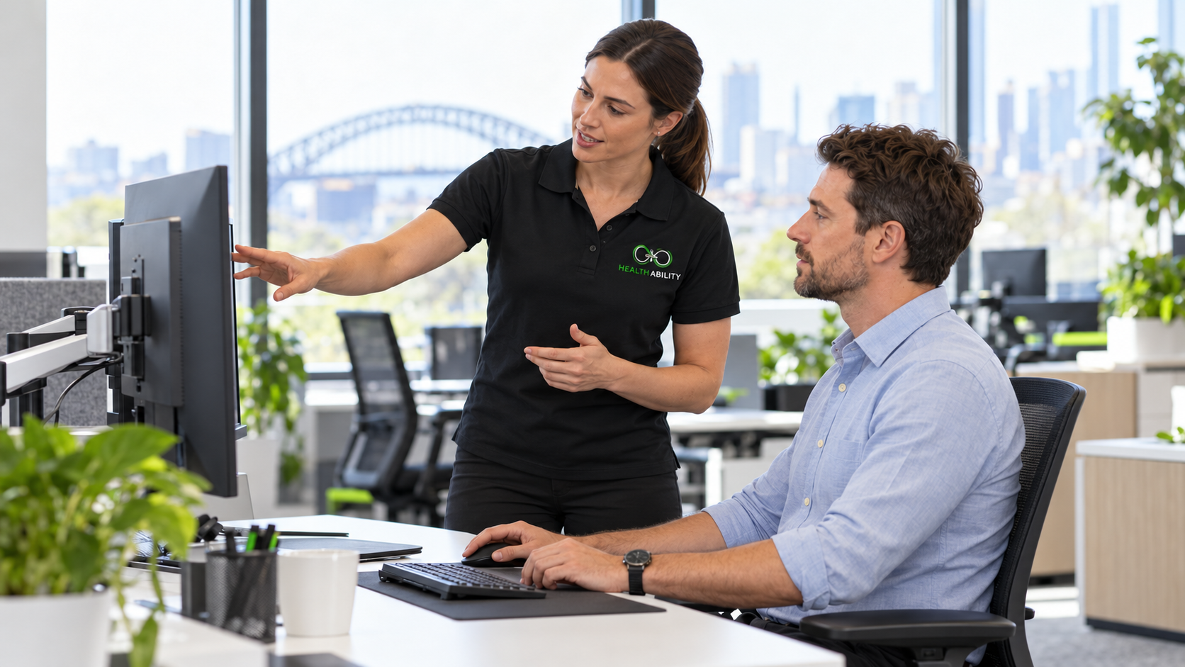 HA clinician reviewing an office workstation with an employee