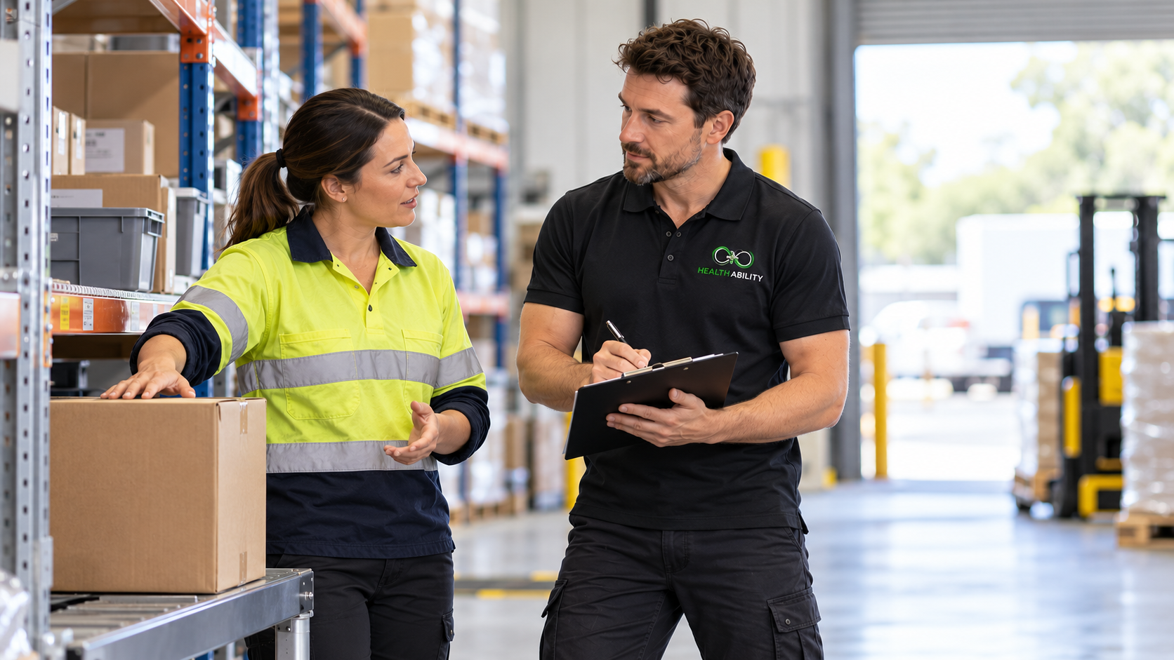 HA allied health clinician discussing warehouse task demands with an employee
