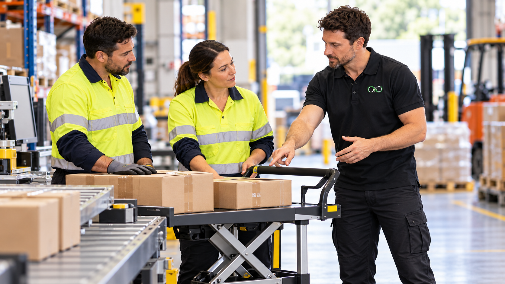 HA clinician and workers reviewing a packing task and mechanical aid