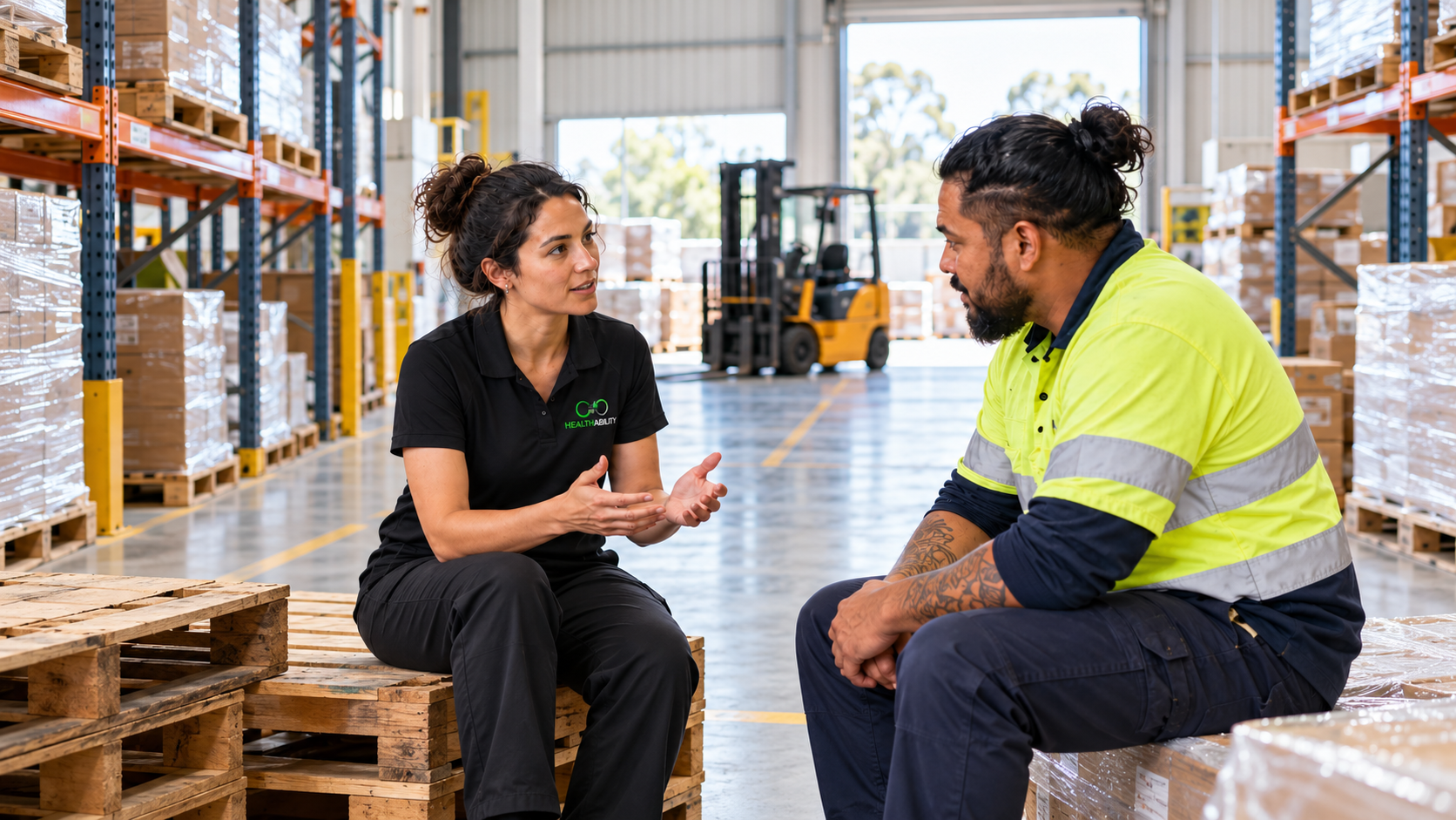 HEALTH ABILITY clinician speaking with a worker in a warehouse