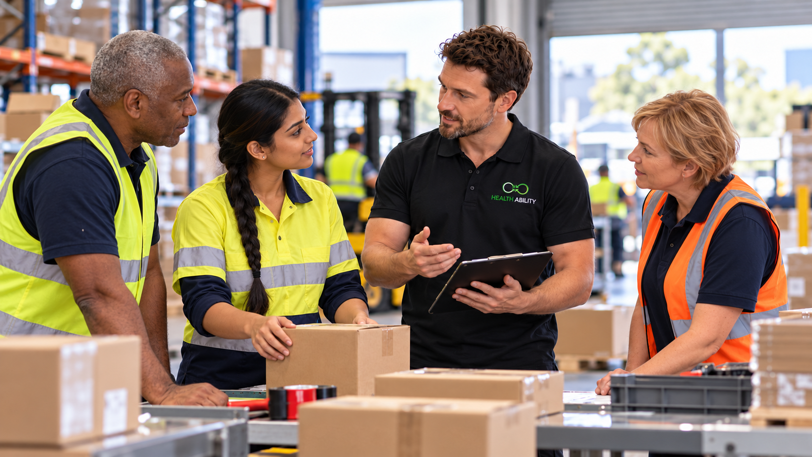 HA consultant discussing suitable tasks at a workbench