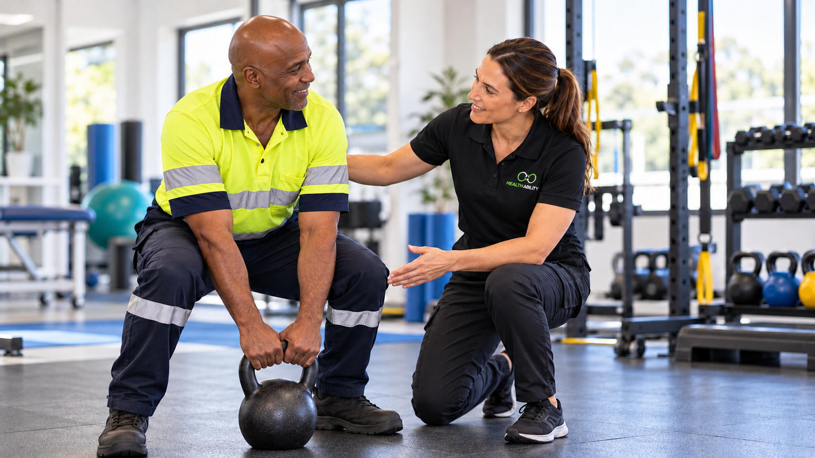 HA clinician coaching a worker in a strength exercise